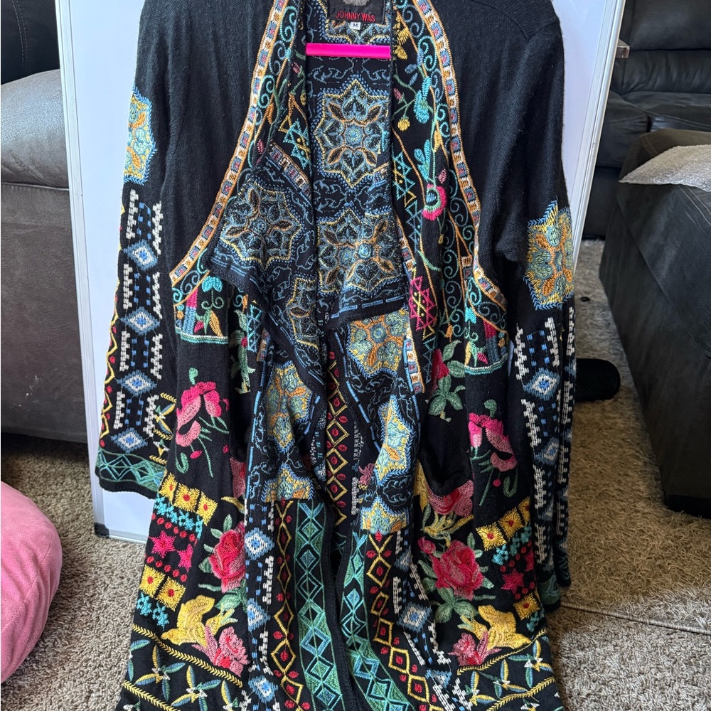 JOHNNY WAS Embroidered Black Multicolor Women's Cardigan